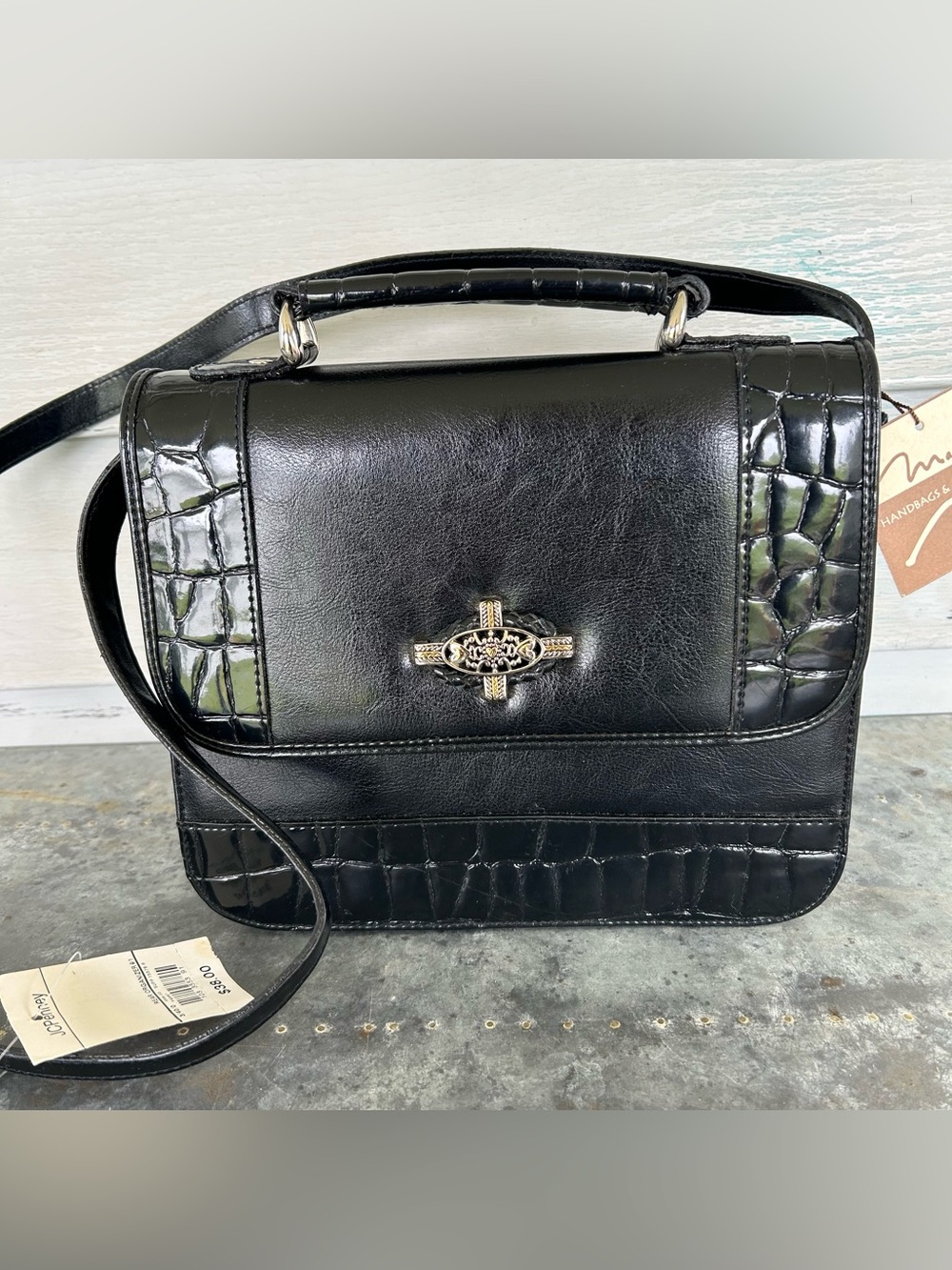 Vintage MARLO Black Croc Embossed Crossbody Bag Top Handle Cross Ornament NWT